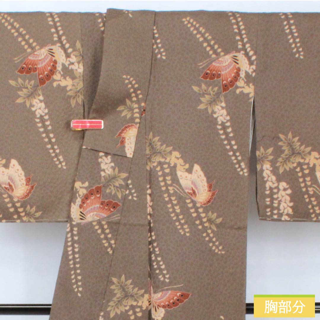 小紋 ポリエステル 身丈163.5cm 裄丈66cm 袷 消炭色(けしずみいろ) 藤 蝶 しつけ糸付き Sランク グレー系 1115005592422