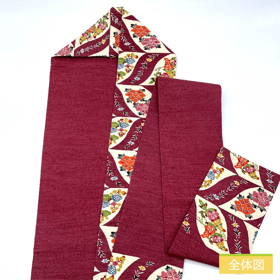 名古屋帯 正絹 深緋色(ふかきあけいろ) 花柄 帯丈355cm Sランク 六通 カジュアル 赤系 1124006362312 名古屋仕立て