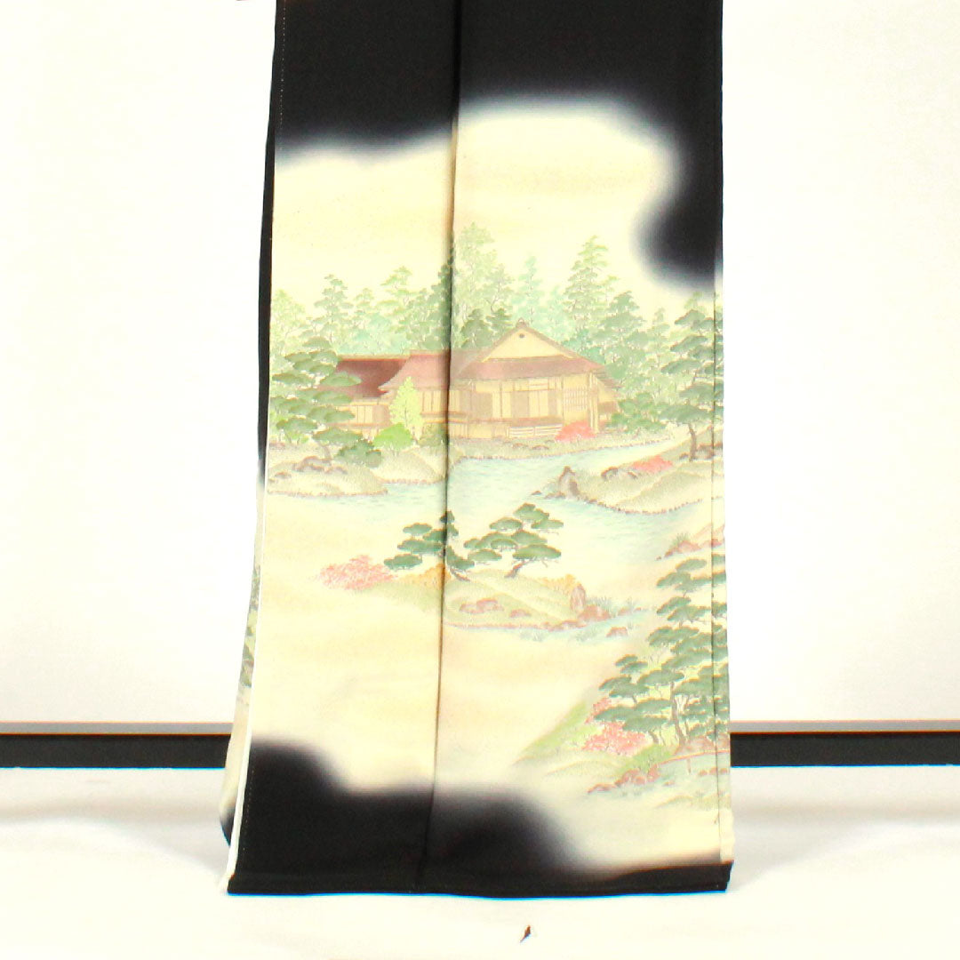 黒留袖 身丈170.5cm 裄丈67cm 袷 寿光織 風景模様 並び切り竹 正絹 Aランク 五つ紋 黒系 1111000303610