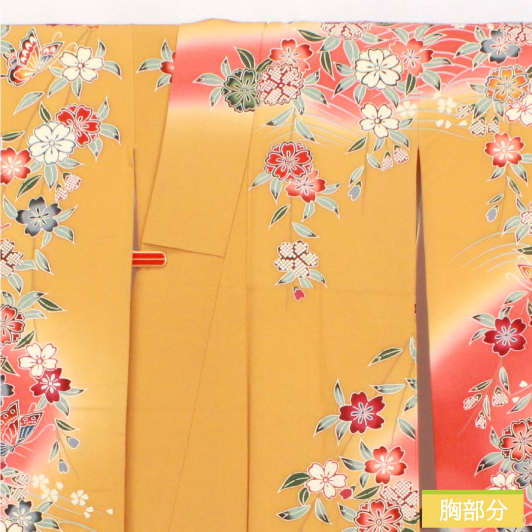 Formal Silk Kimono (Furisode) S-rank, Length 157cm, Sleeve-to-sleeve 62cm, Lined, Wheat color, Kyo Yuzen Dyeing, Auspicious patterns, Butterflies, Flowers, Flowing water, Orange tones, 1113002882326