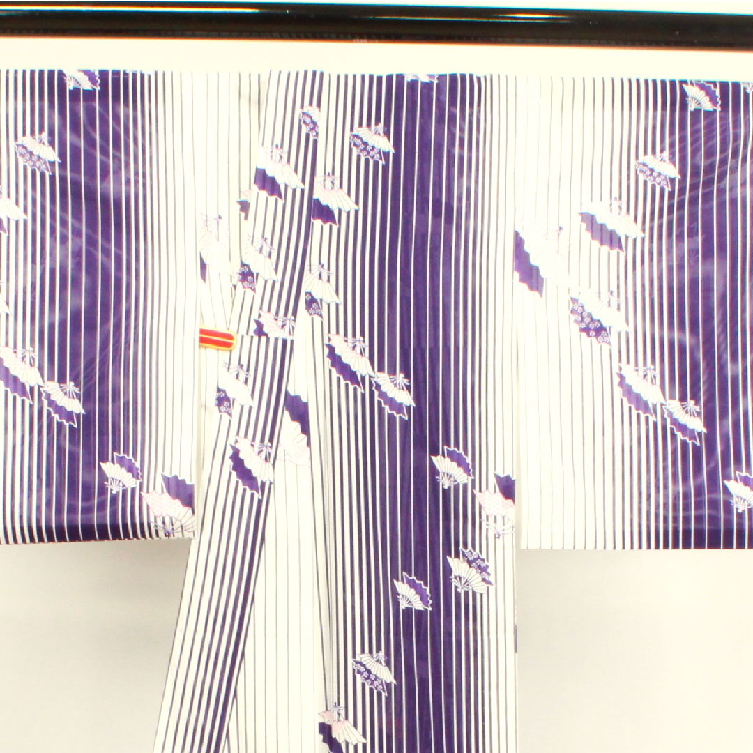 夏物 ポリエステル 小紋 身丈162.5cm 裄丈62cm 洗える着物 扇 縞 絽 Sランク グラデーション系 1132000712499