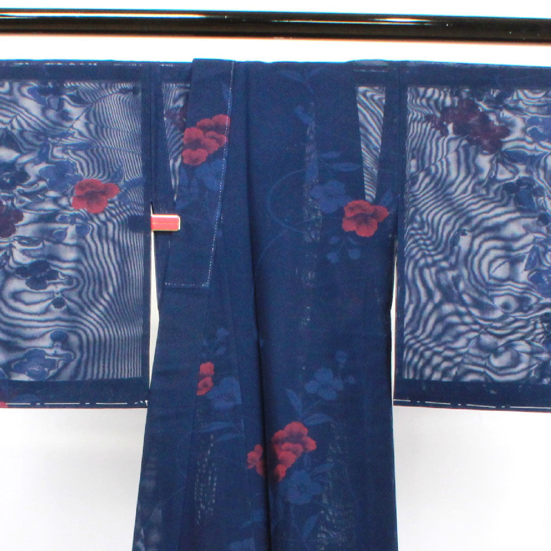 夏物 正絹 小紋 身丈161cm 裄丈64.5cm 濃紺色(のうこんいろ)椿 紗 Sランク 紺系 1132001182418