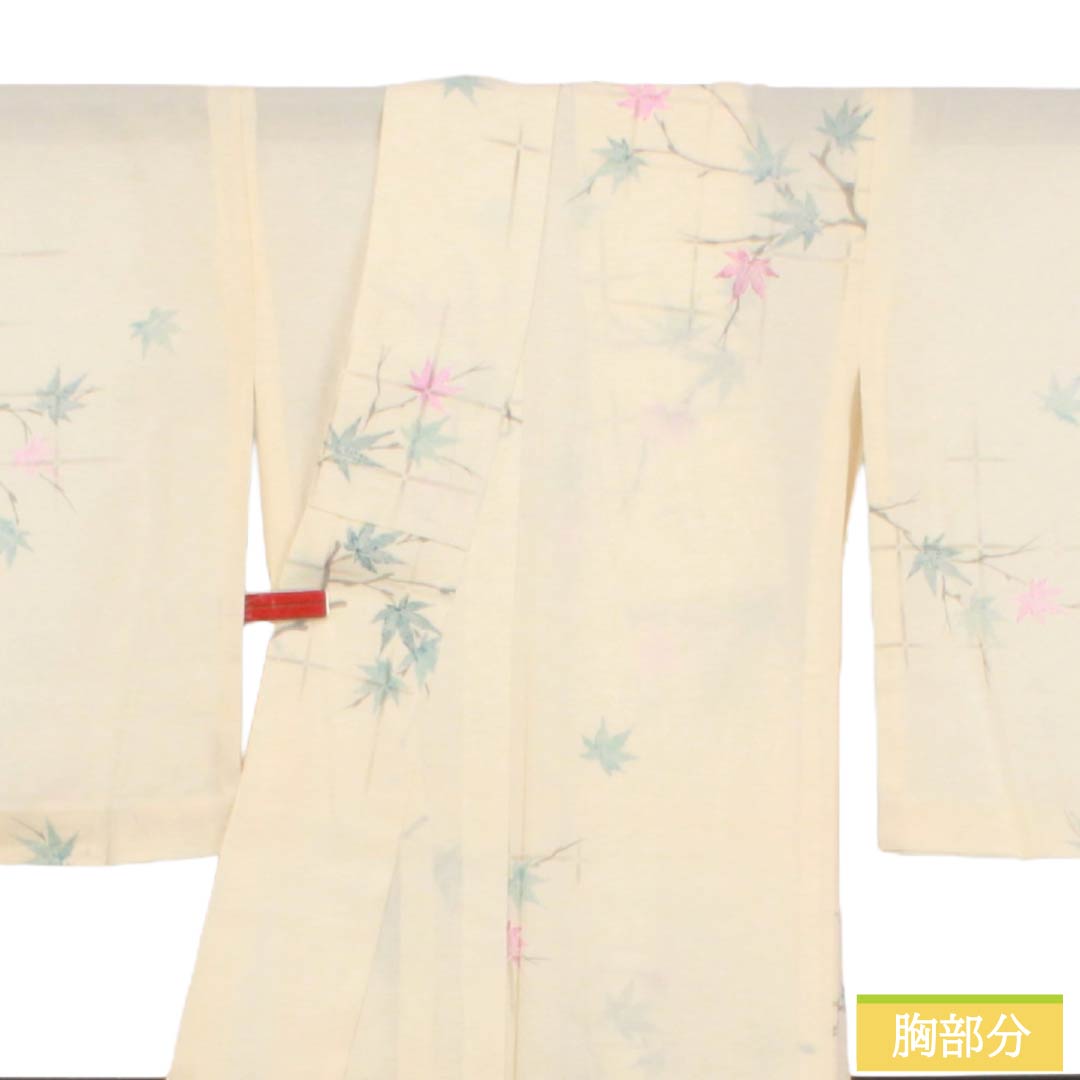夏物 正絹 小紋 Sランク 身丈163.5cm 裄丈63.5cm 練色(ねりいろ) 紅葉 竹垣 絽 クリーム系 1132004722415