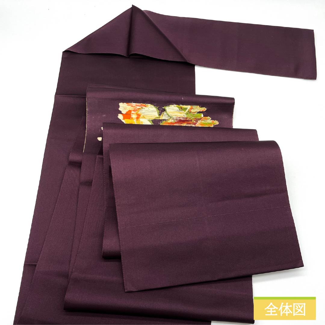 Nagoya Obi, Crimson Ink Color, Floral Pattern, 347cm Long, Pure Silk, S-Rank, Pointed Pattern, Semi-Formal, Purple, 1124009022320, Pine Needle Style