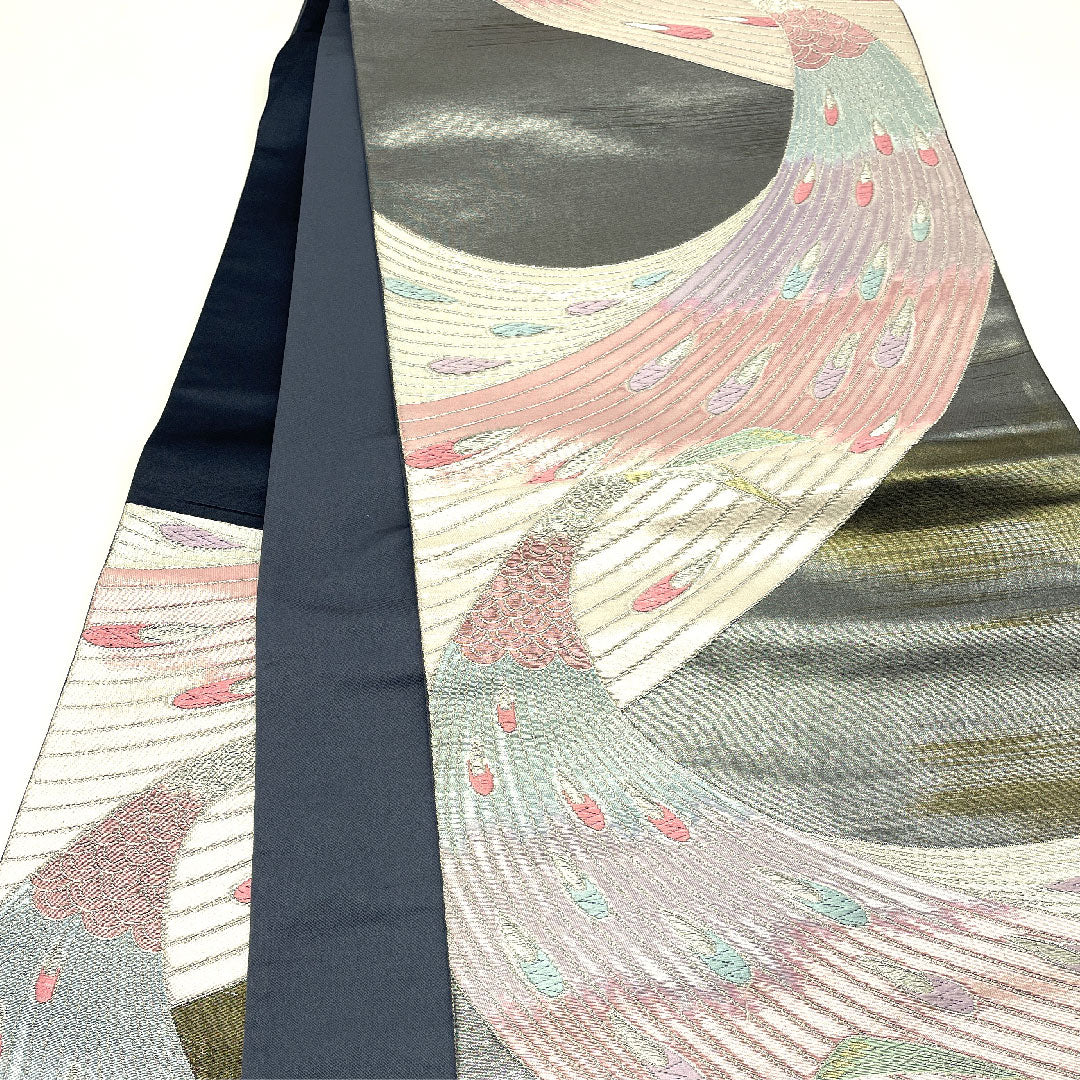 袋帯 振袖用 孔雀 帯丈422cm 正絹 Aランク 六通 フォーマル グレー系 1123004063322