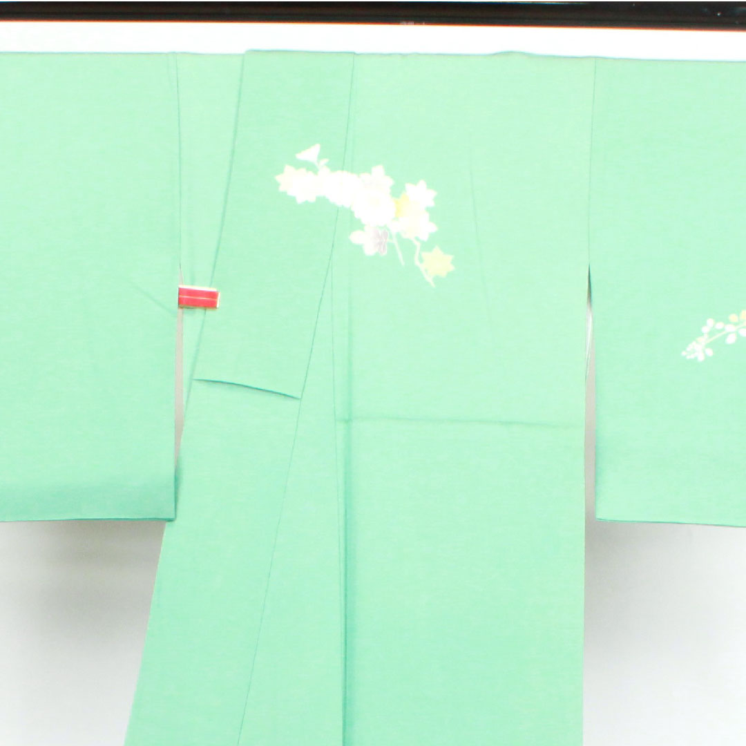 訪問着 袷 身丈173cm 裄丈68cm 秘色色 京友禅 草花模様 正絹 Sランク 緑系 1112002722619