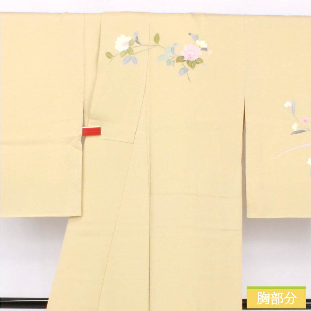 Visiting Kimono, Pure Silk, S Rank, Lined, Length 152.5cm, Sleeve Length 63cm, Light Egg-Colored, Kyoto Yuzen Pattern, Floral and Grass Design, Yellow, Product Number: 1112007182223