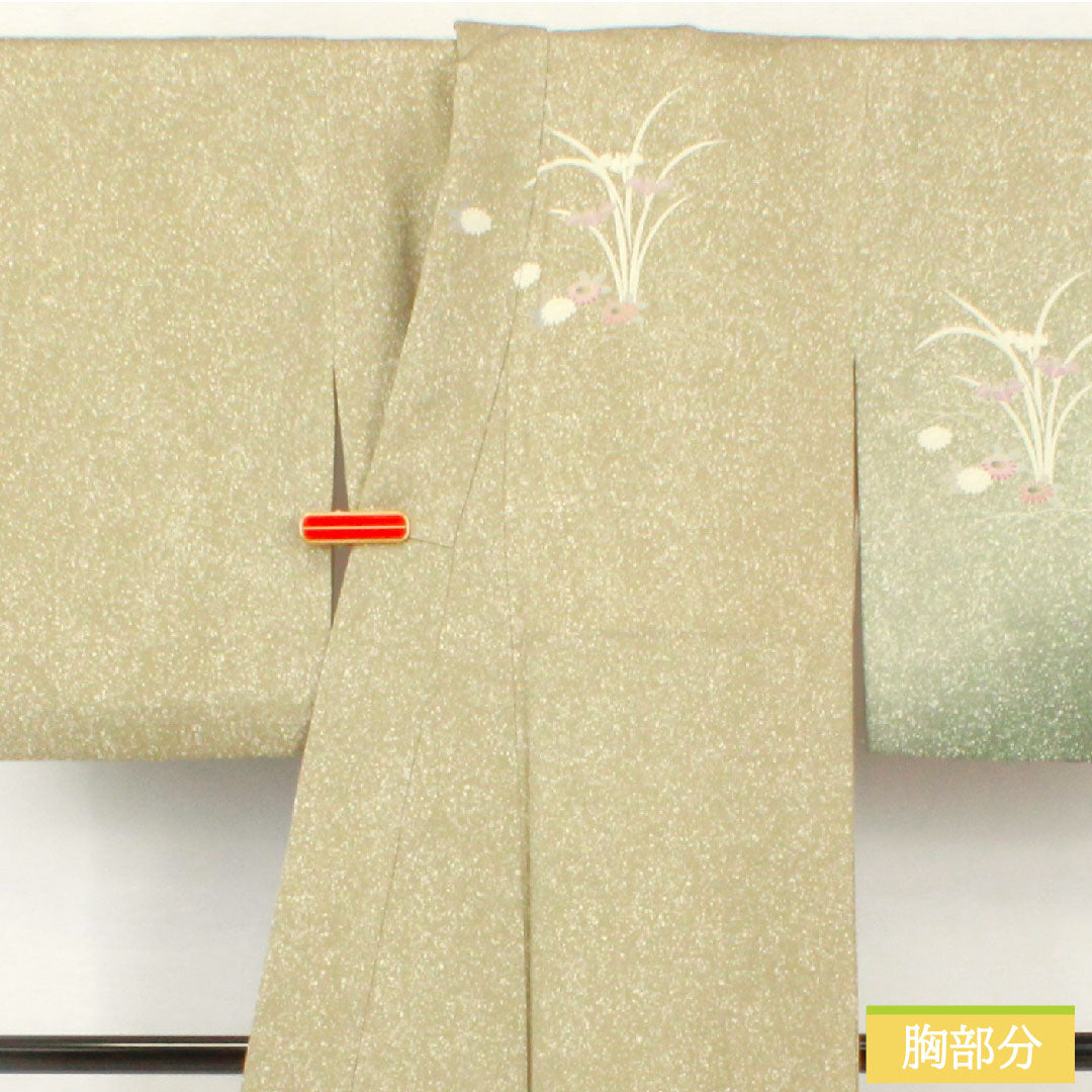 訪問着 正絹 袷 身丈157.5cm 裄丈62cm 蠟色(ろういろ) タタキ染 京友禅 菊 菖蒲 一つ紋 Sランク 緑系 1112005252319