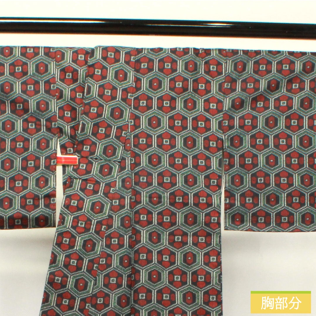 村山大島紬 正絹 身丈157cm 裄丈62.5cm 亀甲 Aランク 袷 黒系 1116002993310