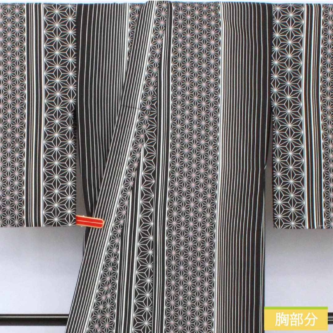 小紋 ポリエステル 身丈162cm 裄丈65cm 単衣 縞 麻の葉 洗える着物 Sランク 黒系 1115005872410