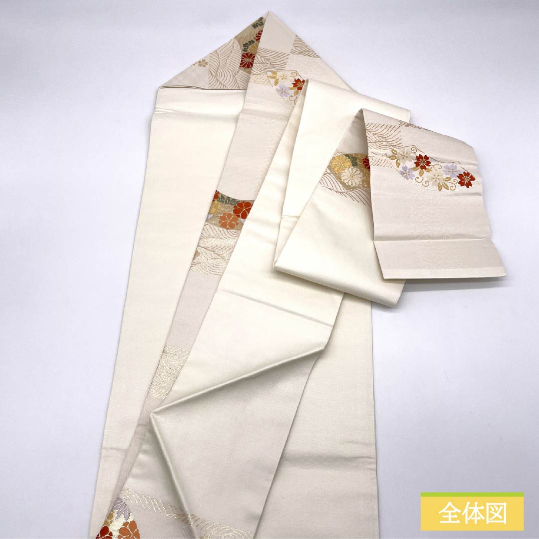 名古屋帯 胡粉色(ごふんいろ) 扇面 唐花 ねじり梅 帯丈348cm 正絹 Aランク 六通 セミフォーマル クリーム系 1124008523315 名古屋仕立て