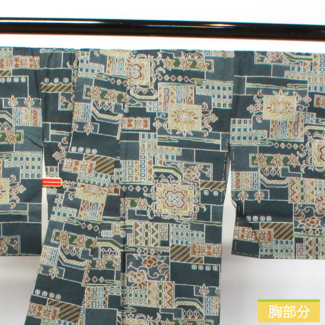 小紋 正絹 身丈156.5cm 裄丈65.5cm 袷 濃紺色 紬地 幾何学模様 しつけ糸付き Sランク 青系 1115003882317