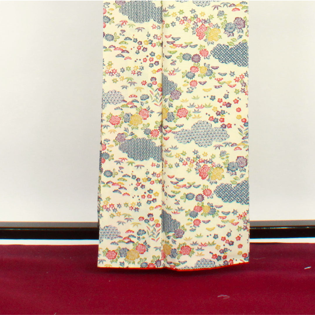 小紋 身丈162cm 裄丈63cm 袷 鳥の子色 型染 草花模様 正絹 Sランク クリーム系 1115002382415