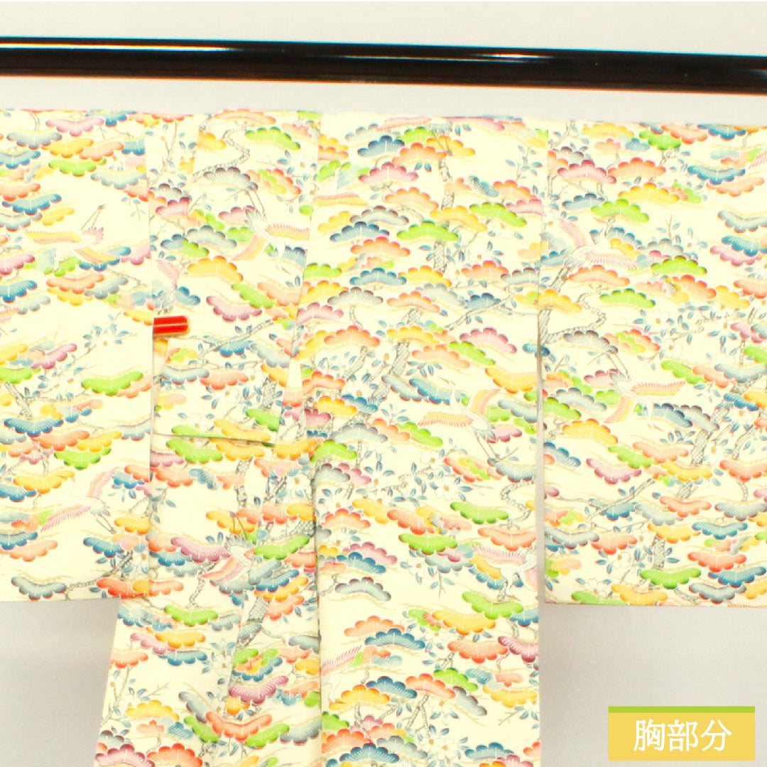 小紋 クリーム系 身丈152.5cm 裄丈67.5cm 袷 乳白色 松 鶴 正絹 Aランク 1115003743215