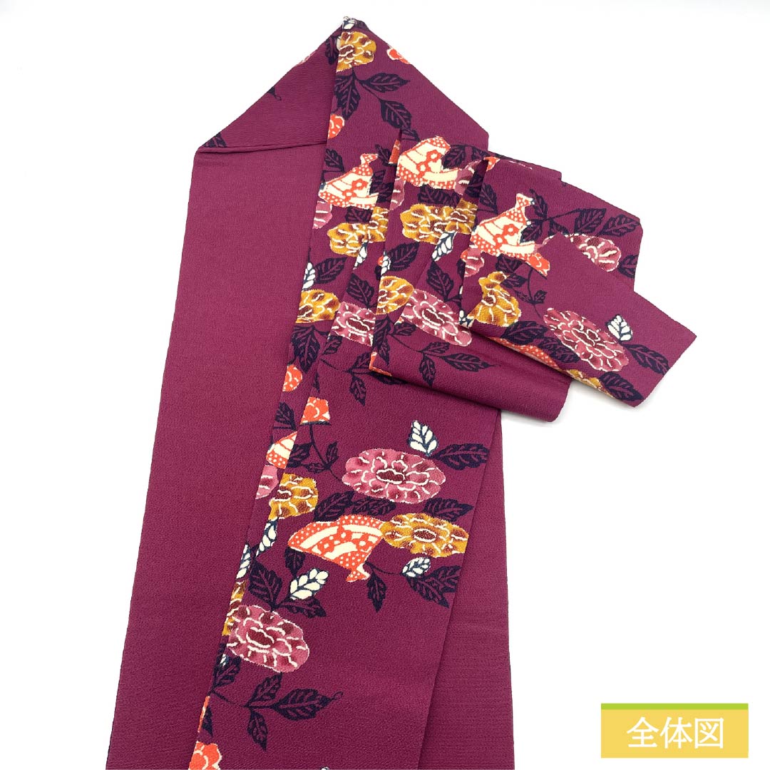 Nagoya Obi, Pure Silk, Grade A, Reddish-Purple, Kyoto Bingata, Fan-Shaped Floral Pattern, Length 368cm, Full Length, Casual, Purple, Product Number: 1124009283320, Nagoya Style