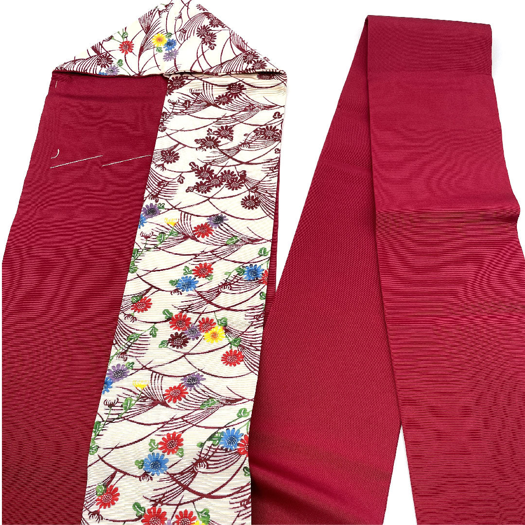 名古屋帯 草花模様 型染 染め帯帯丈361.5cm 正絹 Aランク ポイント柄 カジュアル 赤系 1124001883312 名古屋仕立て