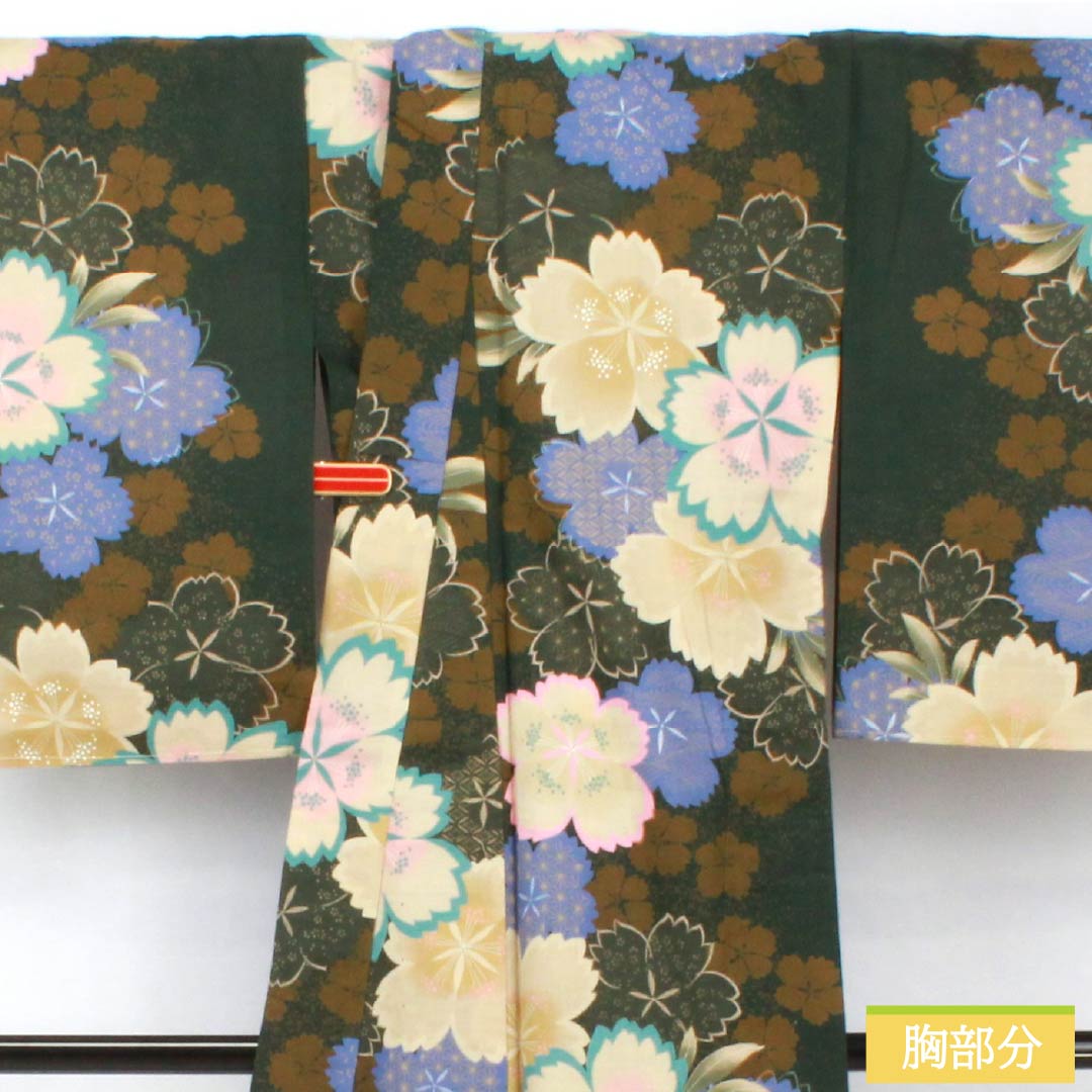 浴衣 木綿 身丈162.5cm 裄丈67cm Sランク 単衣 緑系 暗緑色(あんりょくしょく) 桜 1118006002419