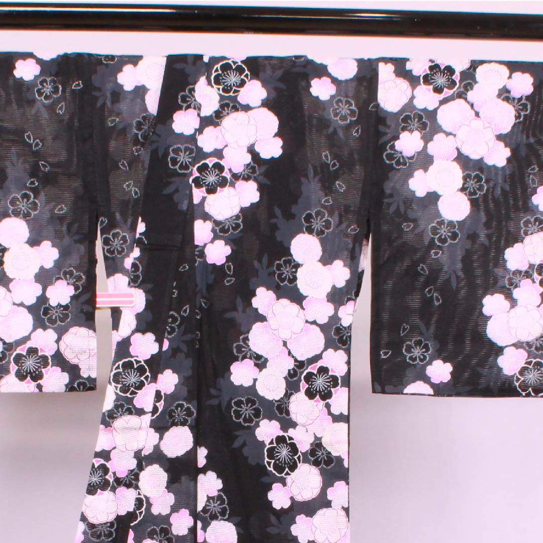 浴衣 黒色 桜 ラメ 木綿 Sランク 単衣 身丈165cm 裄丈65.5cm 黒系 1118004272510