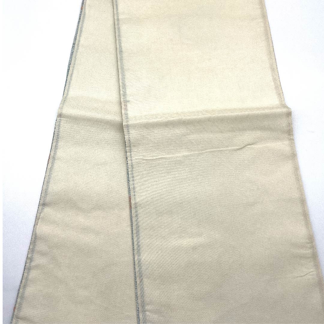 袋帯 薄水色(うすみずいろ) 夏帯 生成り色 花模様 流水 帯丈440cm 正絹 Aランク 六通 フォーマル 青系 1123007303317