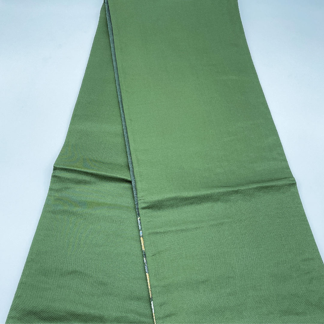 袋帯 革色(かわいろ) 振袖用 蝶 桜 帯丈438cm 正絹 Aランク 六通 フォーマル 緑系 1123005003319