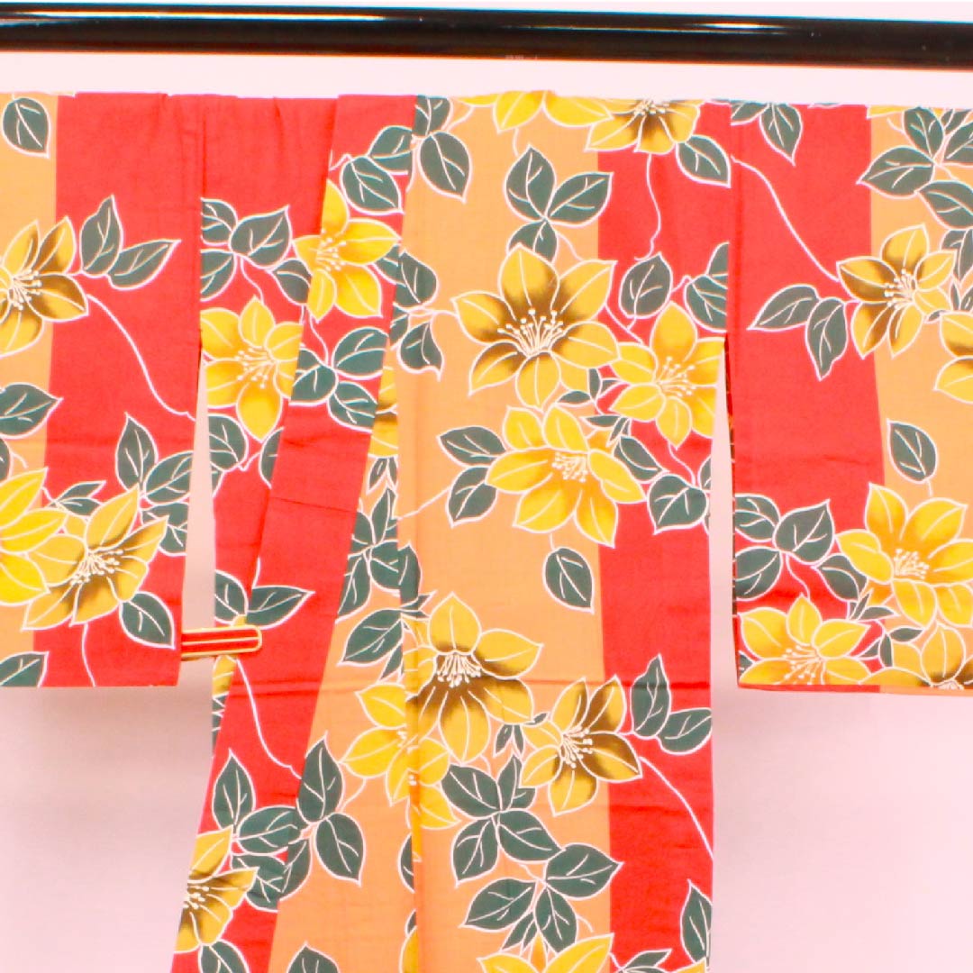 浴衣 黄丹色 ツツジ 木綿 Aランク 単衣 身丈162cm 裄丈66.5cm 朱系 1118004223416