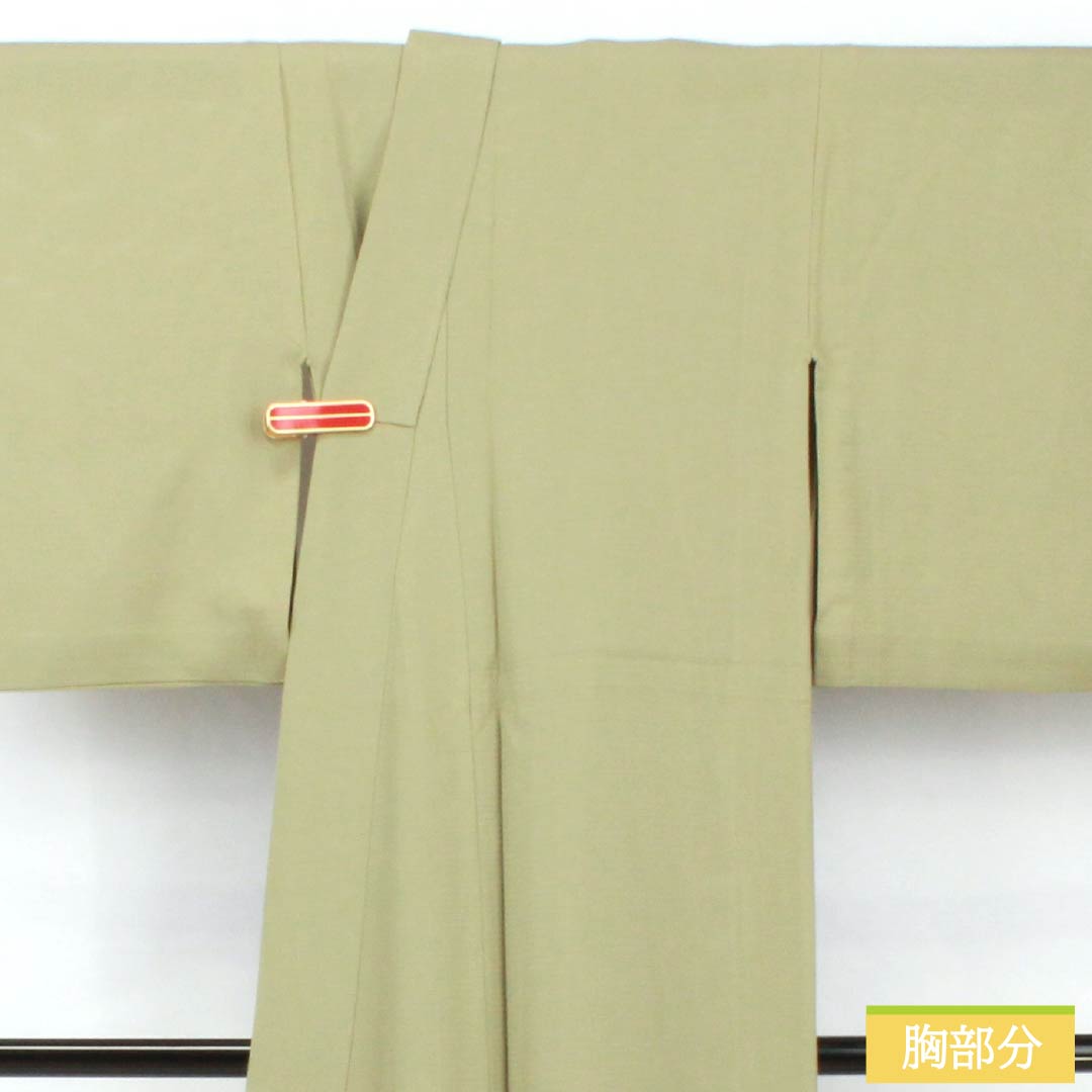 夏物 正絹 色無地 身丈156.5cm 裄丈62cm 黄鼠色(きねずいろ) 一つ紋 蔓柏 絽 Sランク 緑系 1132002062319