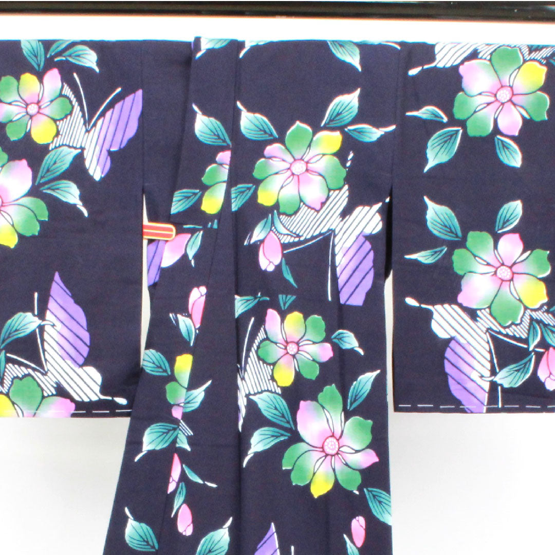 Yukata, dark blue, floral pattern, cotton, S rank, single layer, length 161.5cm, sleeve length 64cm, navy blue, 1118001982418
