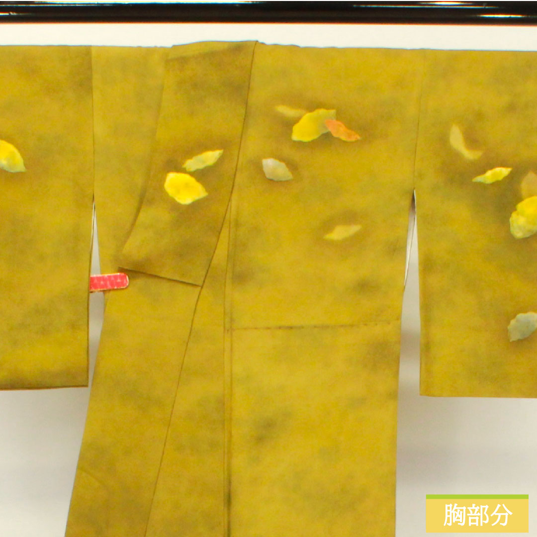 訪問着 正絹 袷 身丈157cm 裄丈66cm 青宣徳色(あおせんとくいろ) 濡れ描き 落葉模様 Aランク 緑系 1112004853319