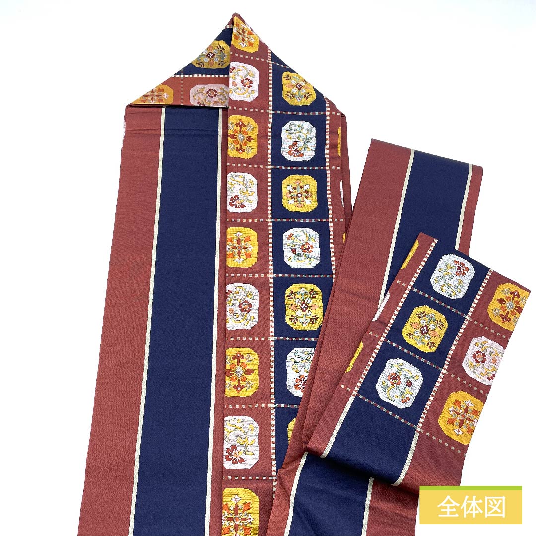名古屋帯 正絹 蘇芳色(すおういろ) 市松 抽象花模様 帯丈358cm Sランク 六通 カジュアル 茶系 1124006412314 名古屋仕立て