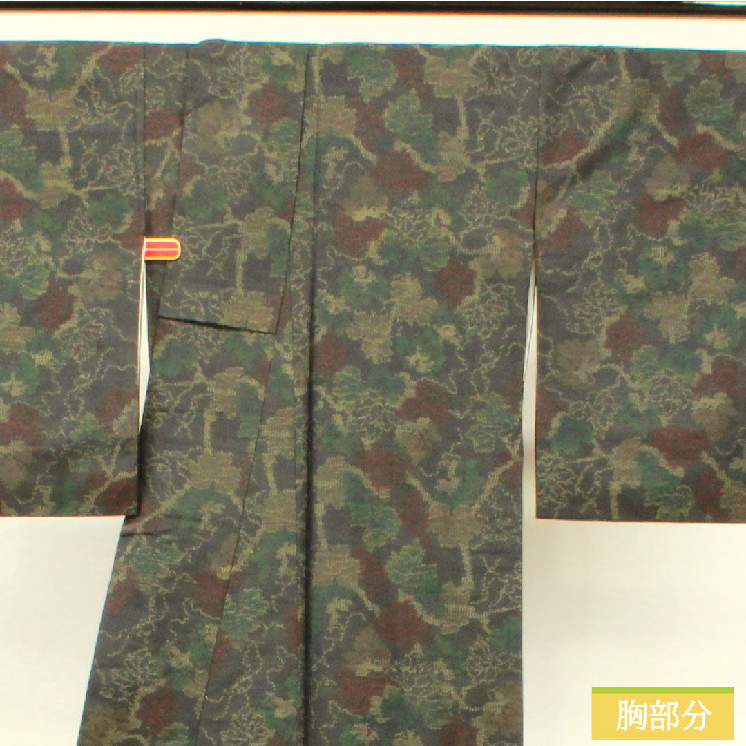 Silk pongee, Length 160cm, Sleeve length 65.5cm, Oshima pongee, Weft-total kasuri, Leaf pattern, S rank, Lined, Black, 1116003352410