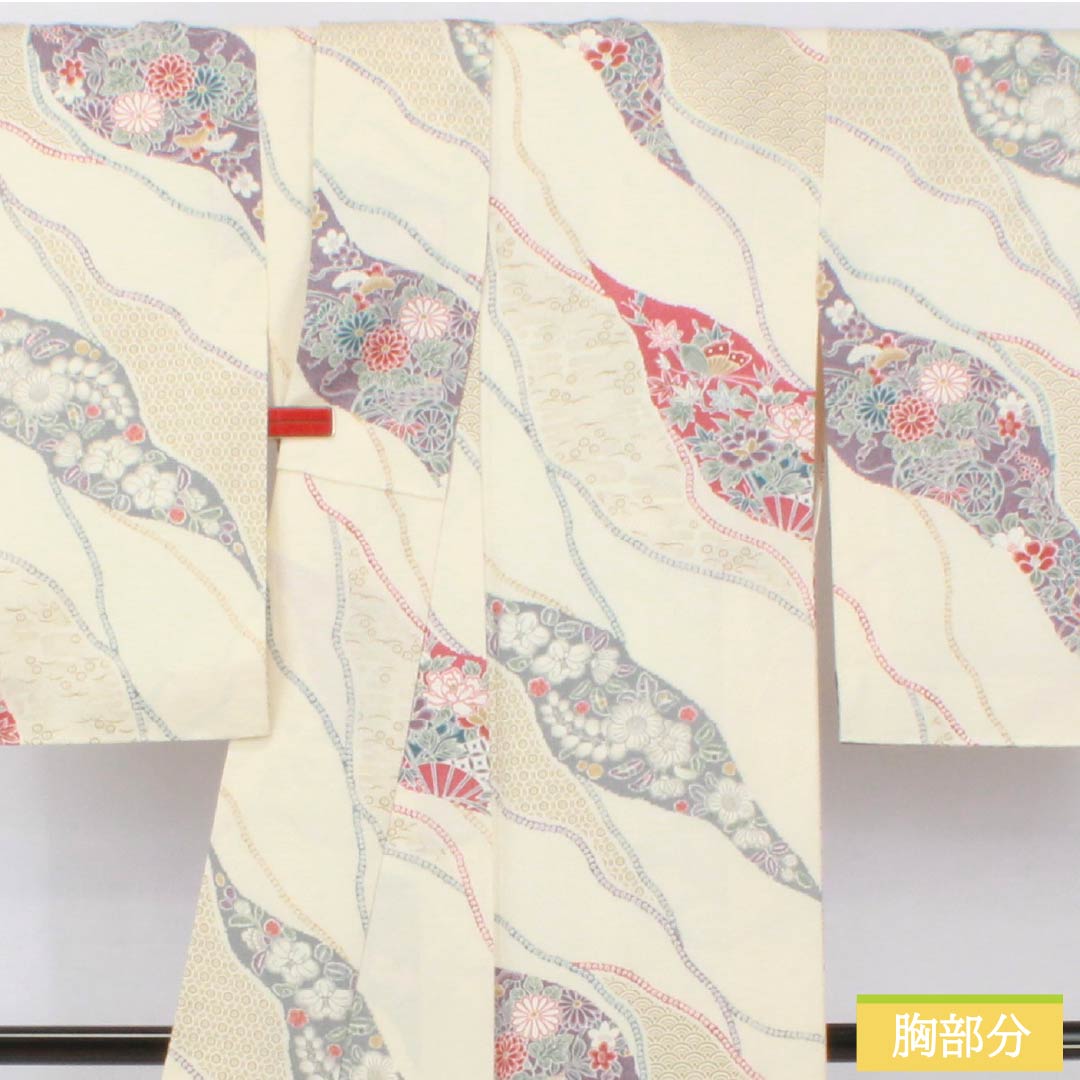 小紋 正絹 身丈158cm 裄丈63.5cm 袷 乳白色(にゅうはくしょく) 割付け 古典柄 Aランク 白系 1115005233311