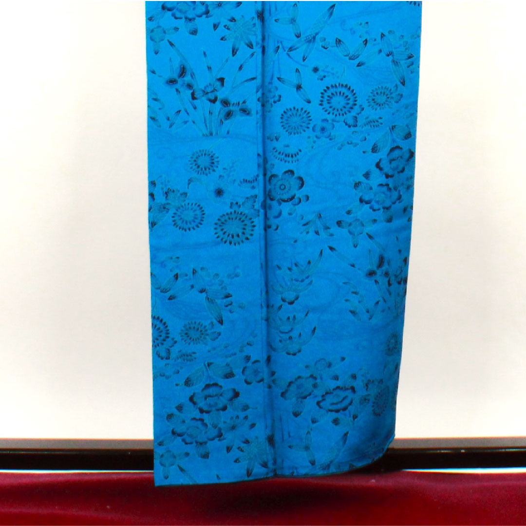 小紋 身丈155cm 裄丈64.5cm 袷 紺碧色 京紅型 草花模様 正絹 Sランク 青系 1115002182317