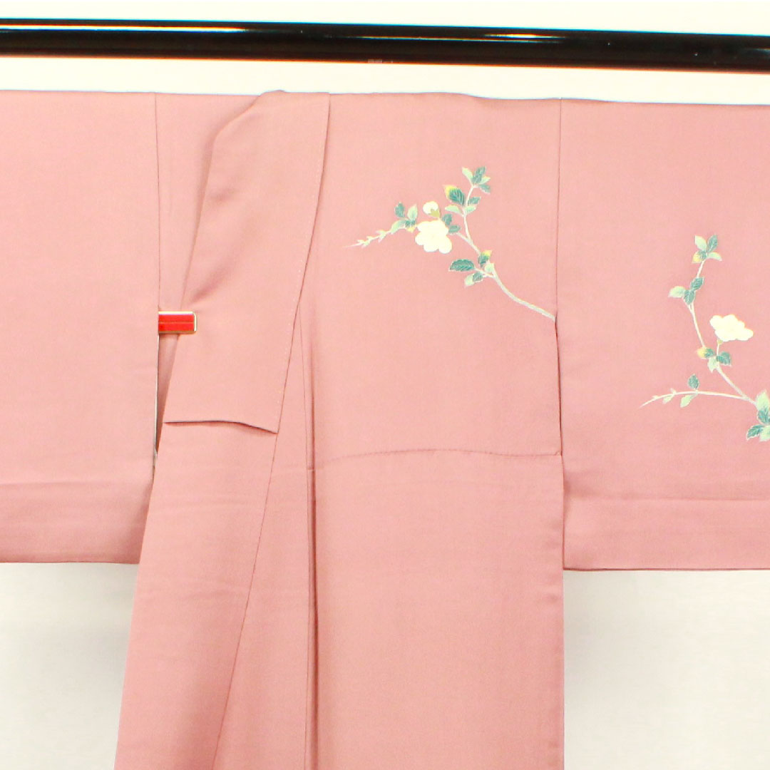 訪問着 正絹 袷 身丈158cm 裄丈63cm 蝋積紅色 京友禅 草花模様 Sランク ピンク系 1112003012313