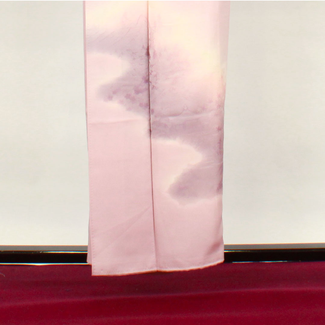 訪問着 袷 身丈153.5cm 裄丈61.5cm 帯紅色 風景模様 ボカシ染 正絹 Sランク ピンク系 1112002202213