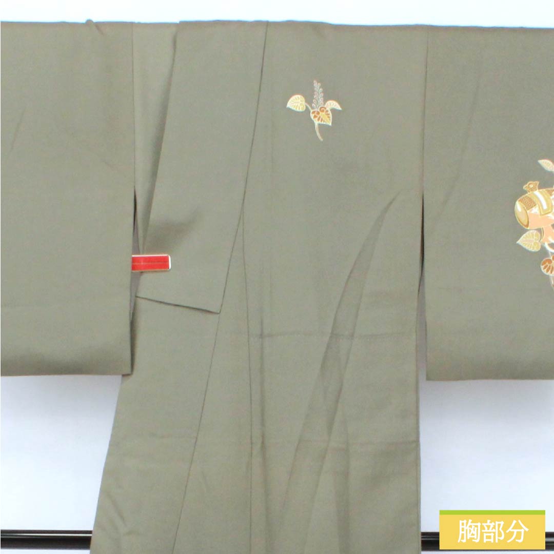 訪問着 正絹 Sランク 袷 身丈155cm 裄丈62.5cm 利休鼠色(りきゅうねずみいろ) 京友禅 付下げ 葵 小槌 スーパー鈴ガード 緑系 1112007212319