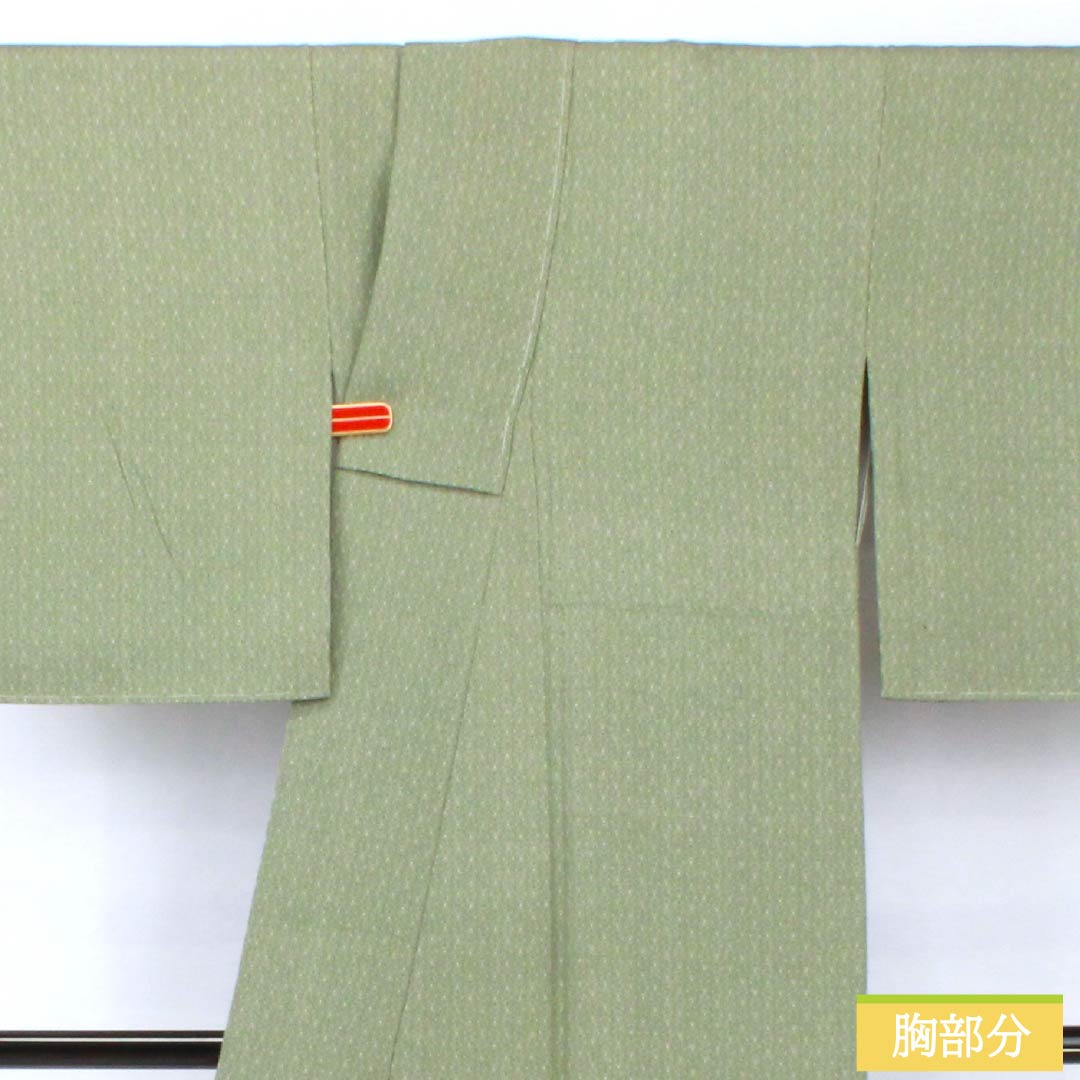 Komon, pure silk, length 157cm, sleeve length 62cm, lined, Iwai brown, stencil dyeing, Edo komon, hemp leaf pattern, with basting thread, A rank, green, 1115005323319