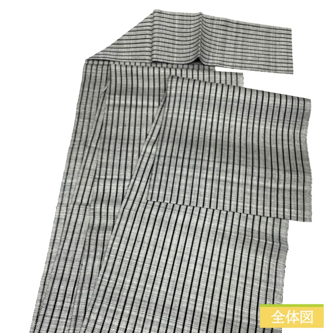 名古屋帯 正絹 Sランク 松葉仕立て 白鼠色(しろねずいろ) 縞 夏帯 モノトーン 帯丈380cm 全通 カジュアル グレー系 1124014412422