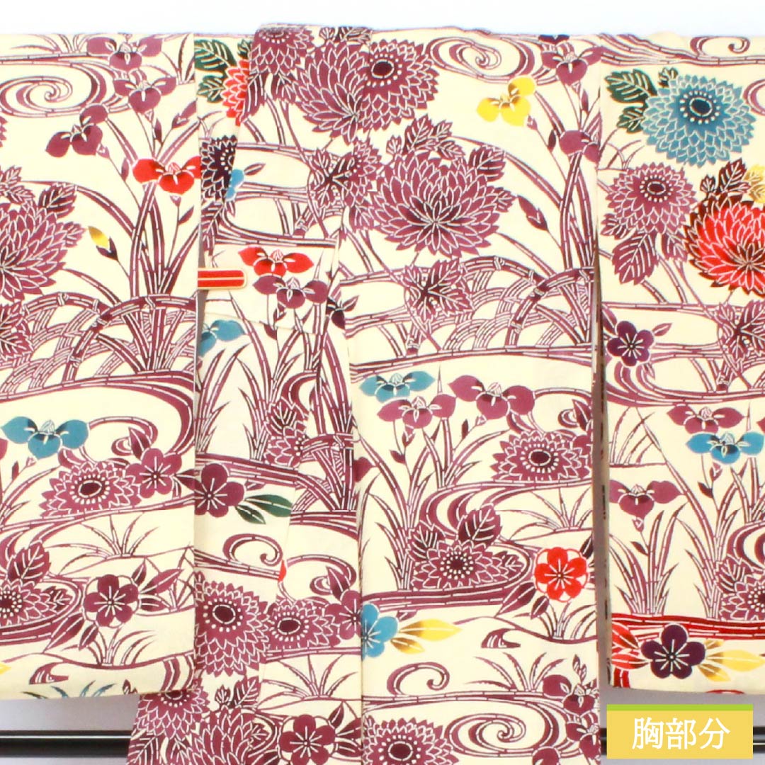 Homongi, pure silk, lined, length 159.5cm, sleeve length 64.5cm, light egg color, Kyoto Bingata, floral pattern, flowing water, B rank, cream color, 1112006064315