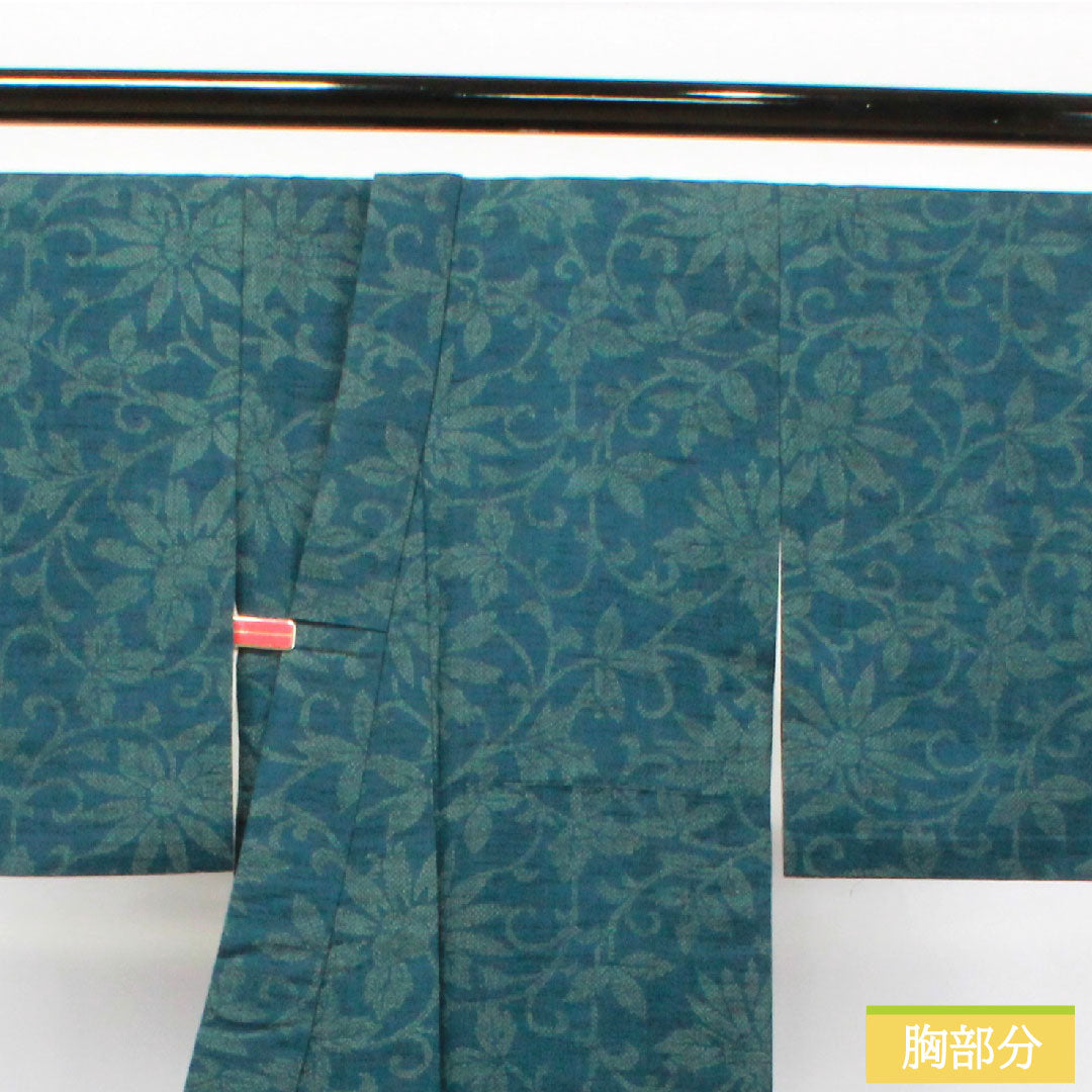 紬 正絹 身丈158cm 裄丈62.5cm 高麗納戸色 草花模様 胴抜き仕立 Sランク 胴抜き 緑系 1116002922319