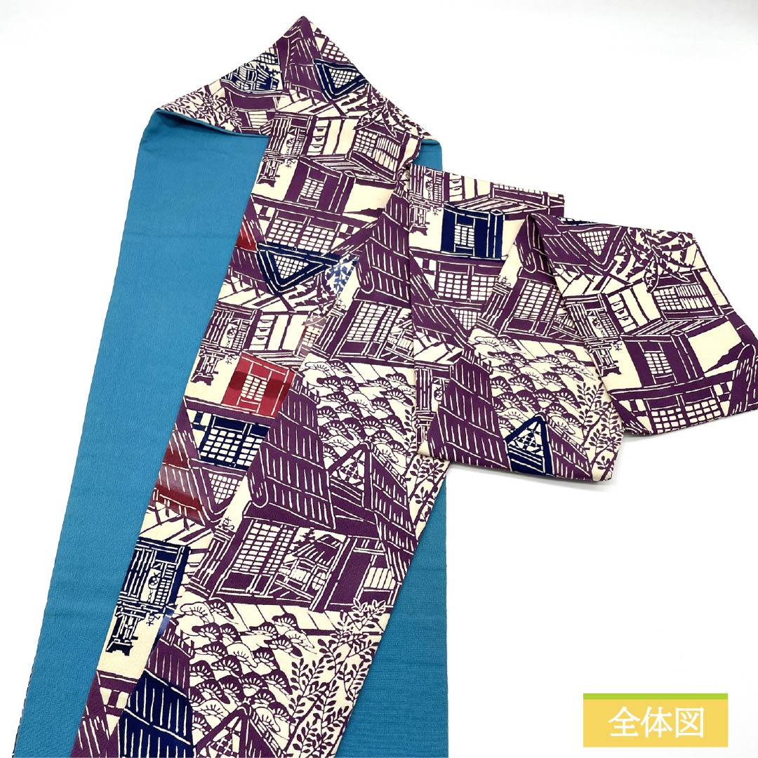 名古屋帯 生成り色(きなりいろ) 型染 風景模様 帯丈353cm 正絹 Aランク 全通 カジュアル ベージュ系 1124007793325 名古屋仕立て