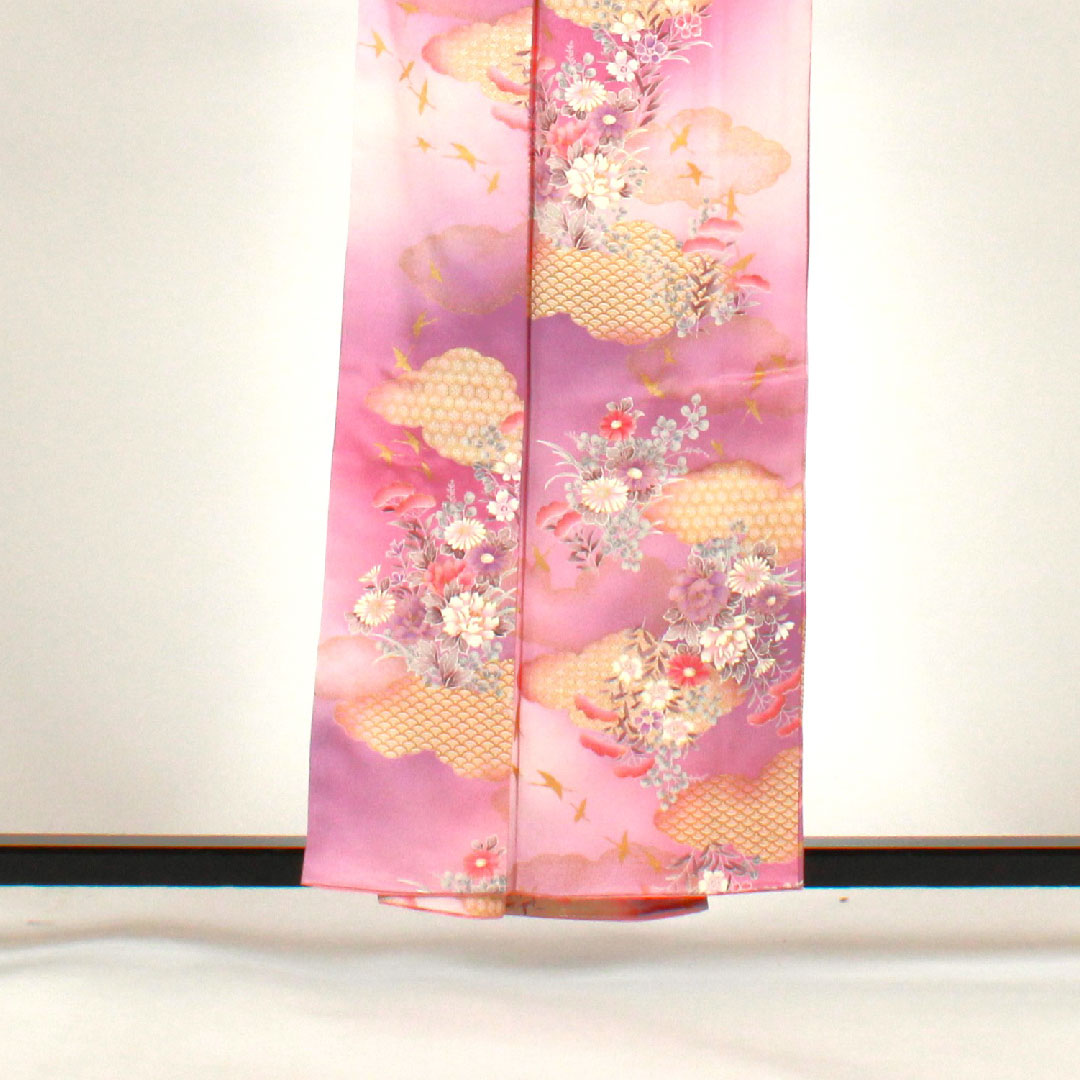 小紋 身丈158cm 裄丈65cm 袷 洗える着物 雲取り 草花模様 ポリ Aランク 紫系 1115001623320