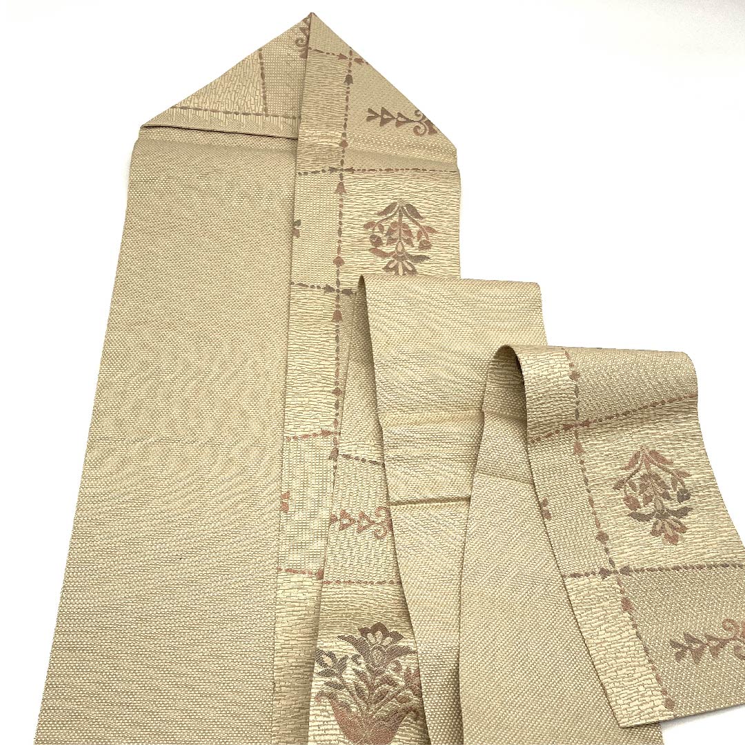 名古屋帯 尾花色 唐花 変わり市松 帯丈359cm 正絹 Sランク 六通 カジュアル ベージュ系 1124005132325 名古屋仕立て