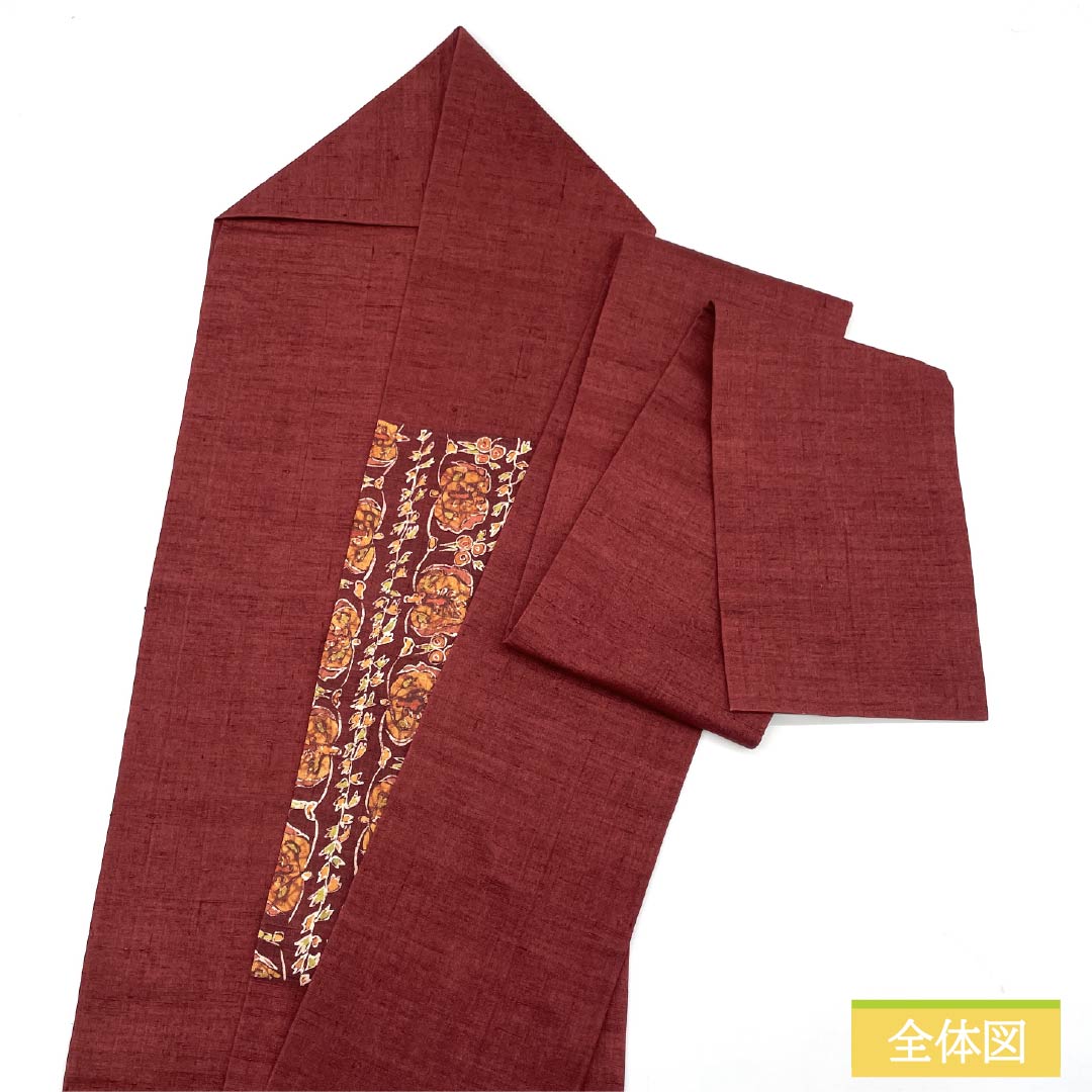 名古屋帯 紅海老茶色(べにえびちゃいろ) 紬地 抽象模様 染め帯 帯丈354cm 正絹 Sランク ポイント柄 カジュアル 朱系 1124007402316 名古屋仕立て