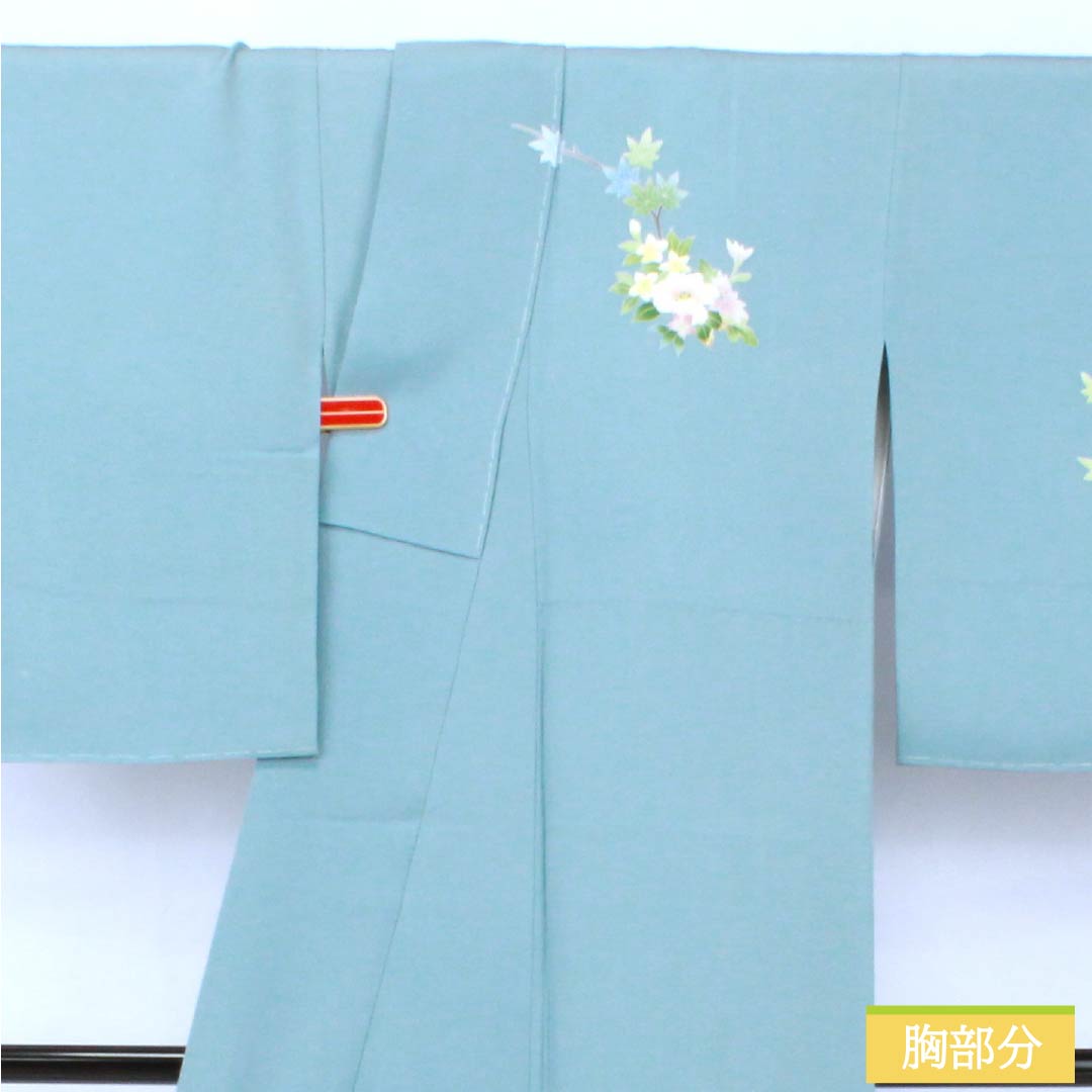 訪問着 正絹 Sランク 袷 身丈155.5cm 裄丈63cm 砧青磁色(きぬたせいじいろ) 加賀友禅 南克治 付下げ 花籠 しつけ糸付き 水色系 1112007312324