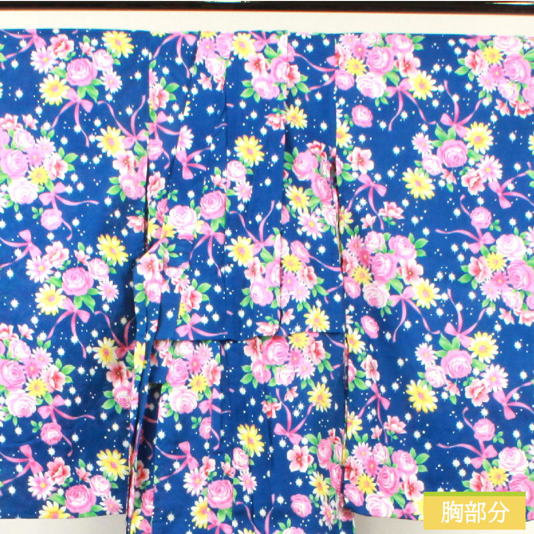 浴衣 木綿 身丈107.5cm 裄丈56.5cm Sランク 単衣 紺系 瑠璃色(るりいろ) 肩上げ有り 身上げ有り 花柄 1118005022118