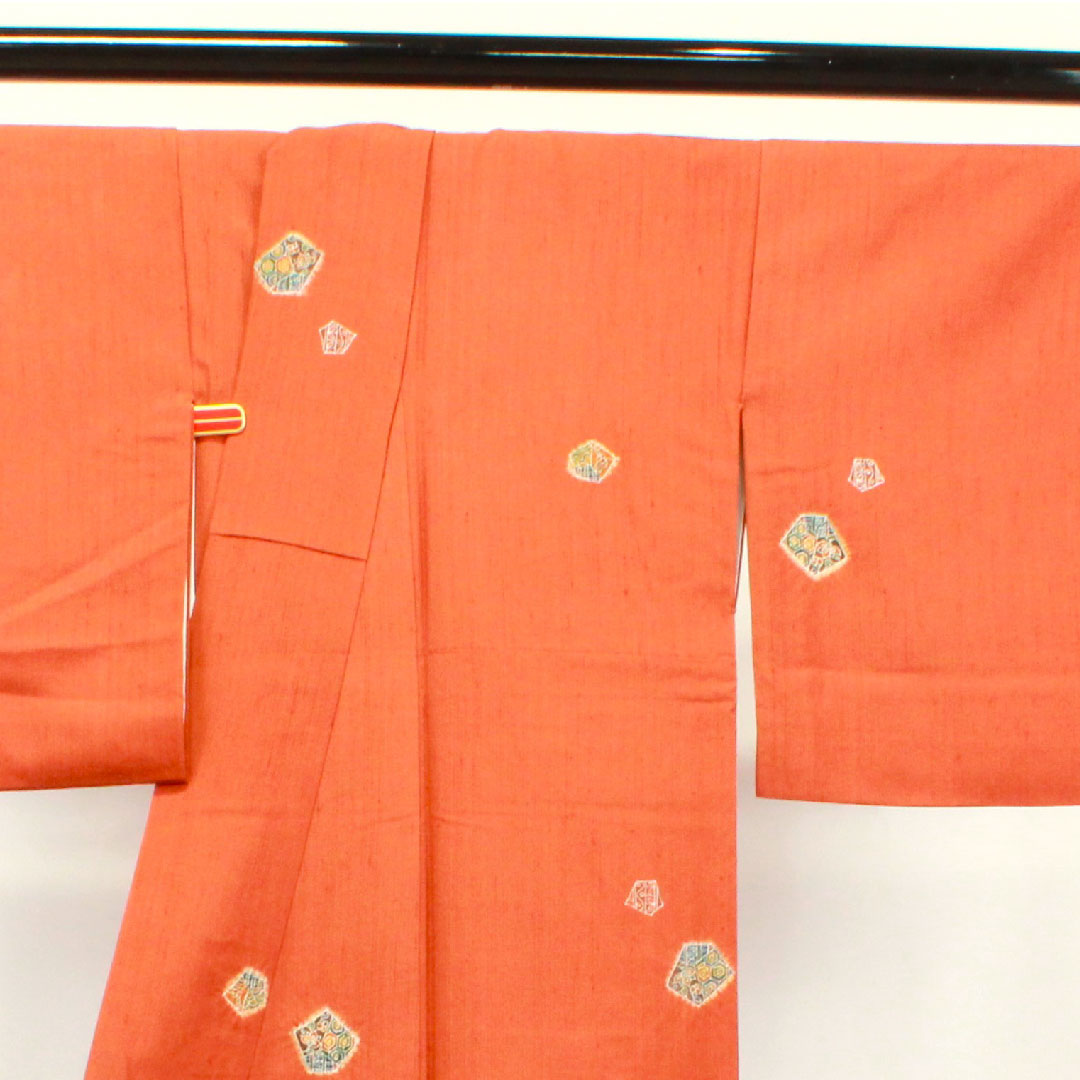 Tsumugi, Length 157cm, Sleeve length 65cm, Orange, Abstract pattern, Pure silk, S rank, Lined, Brown, 1116002802314