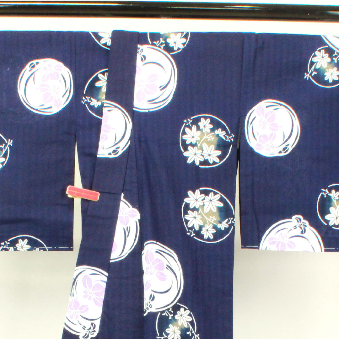 浴衣 しつけ糸付き 未使用品 濃紺色 菖蒲 木綿 Sランク 単衣 身丈166cm 裄丈67.5cm 紺系 1118002822518