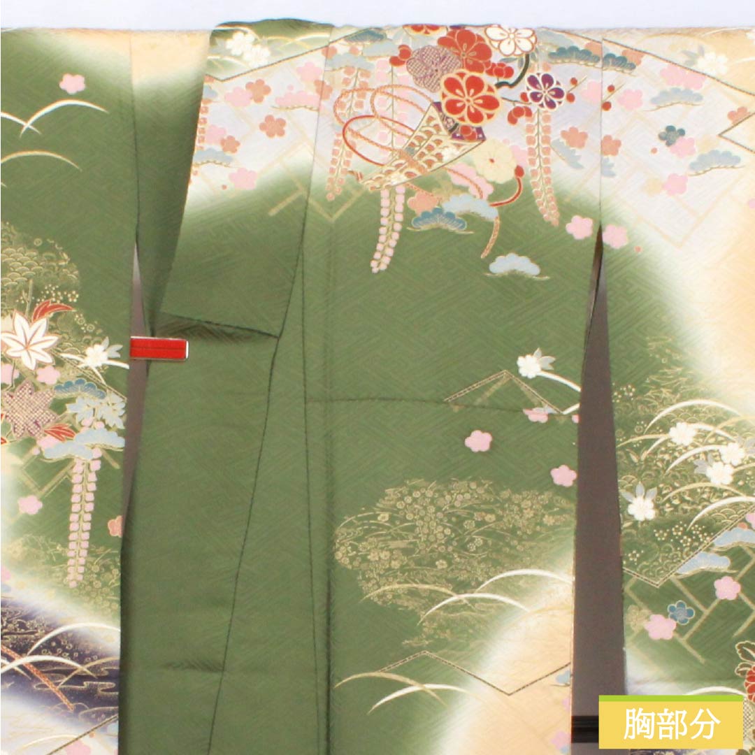 振袖 正絹 Aランク 身丈170.5cm 裄丈68.5cm 袷 山鳩色(やまばといろ) 京友禅 吉祥文様 梅 松 緑系 1113002173619