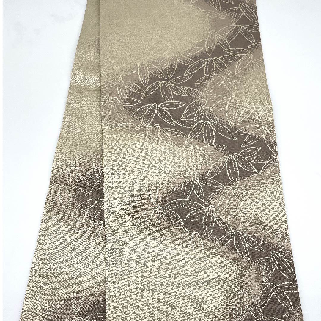 Fukuro obi (sash) in russet leaf color, ikat floral pattern, bamboo leaf pattern, by Ori Kobo Kanae, reversible, obi length 444cm, pure silk, S rank, full length, semi-formal, green, 1123007812319