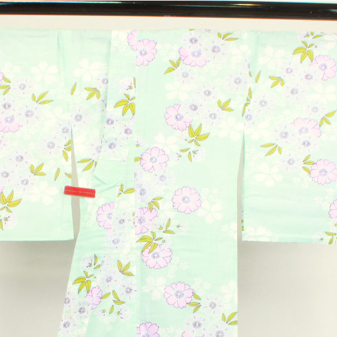 浴衣 瓶覗色 桜 木綿 Sランク 単衣 身丈166cm 裄丈65cm 水色系 1118002642524